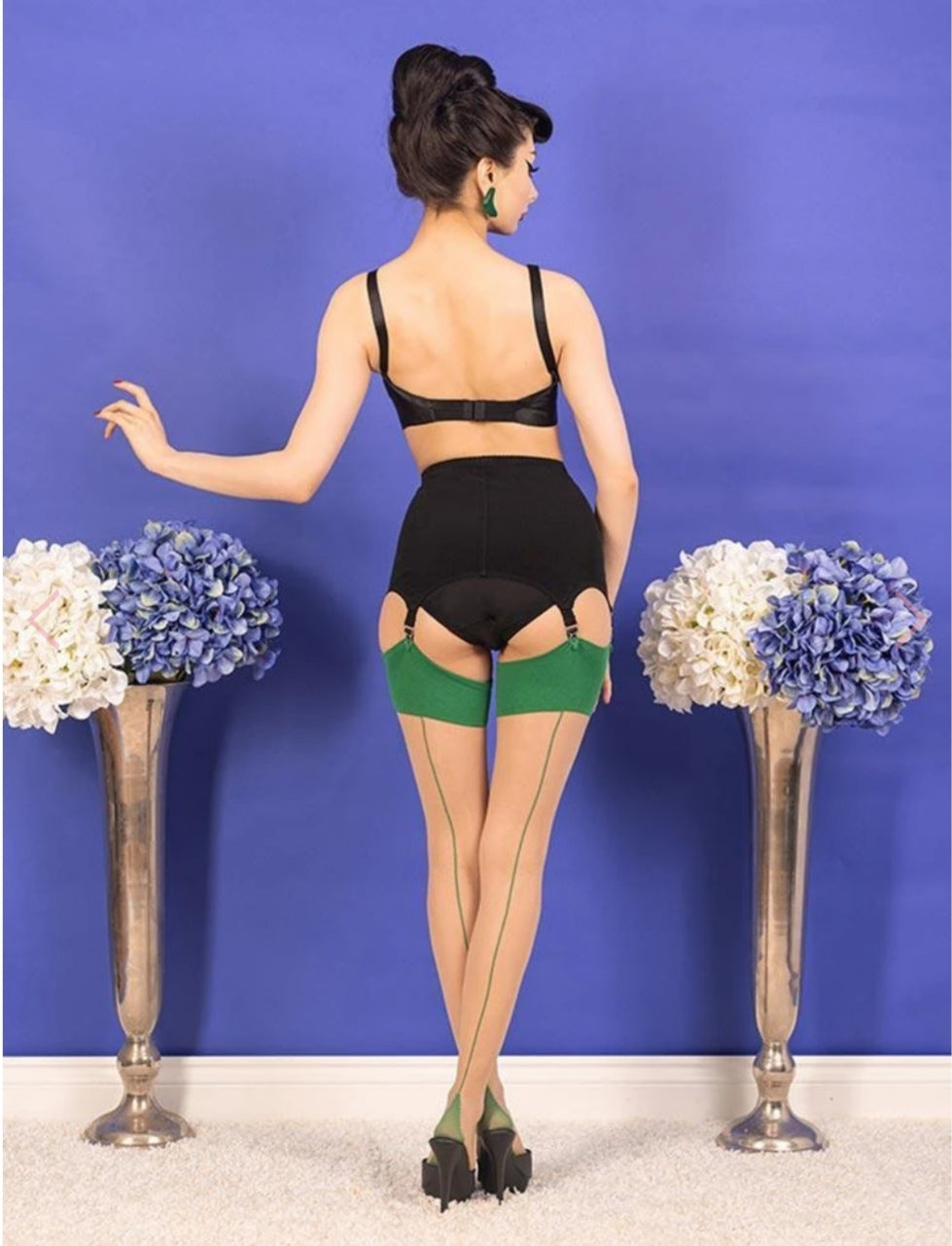 Glamour Contrast Champagne/Green Seamed Stockings
