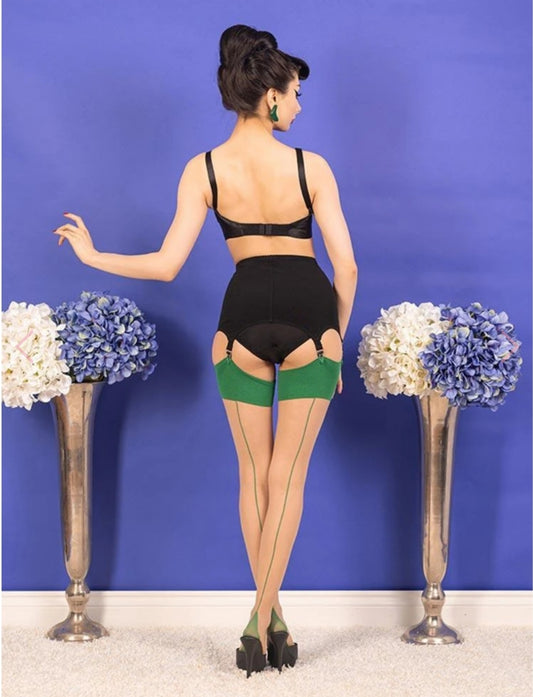 Glamour Contrast Champagne/Green Seamed Stockings