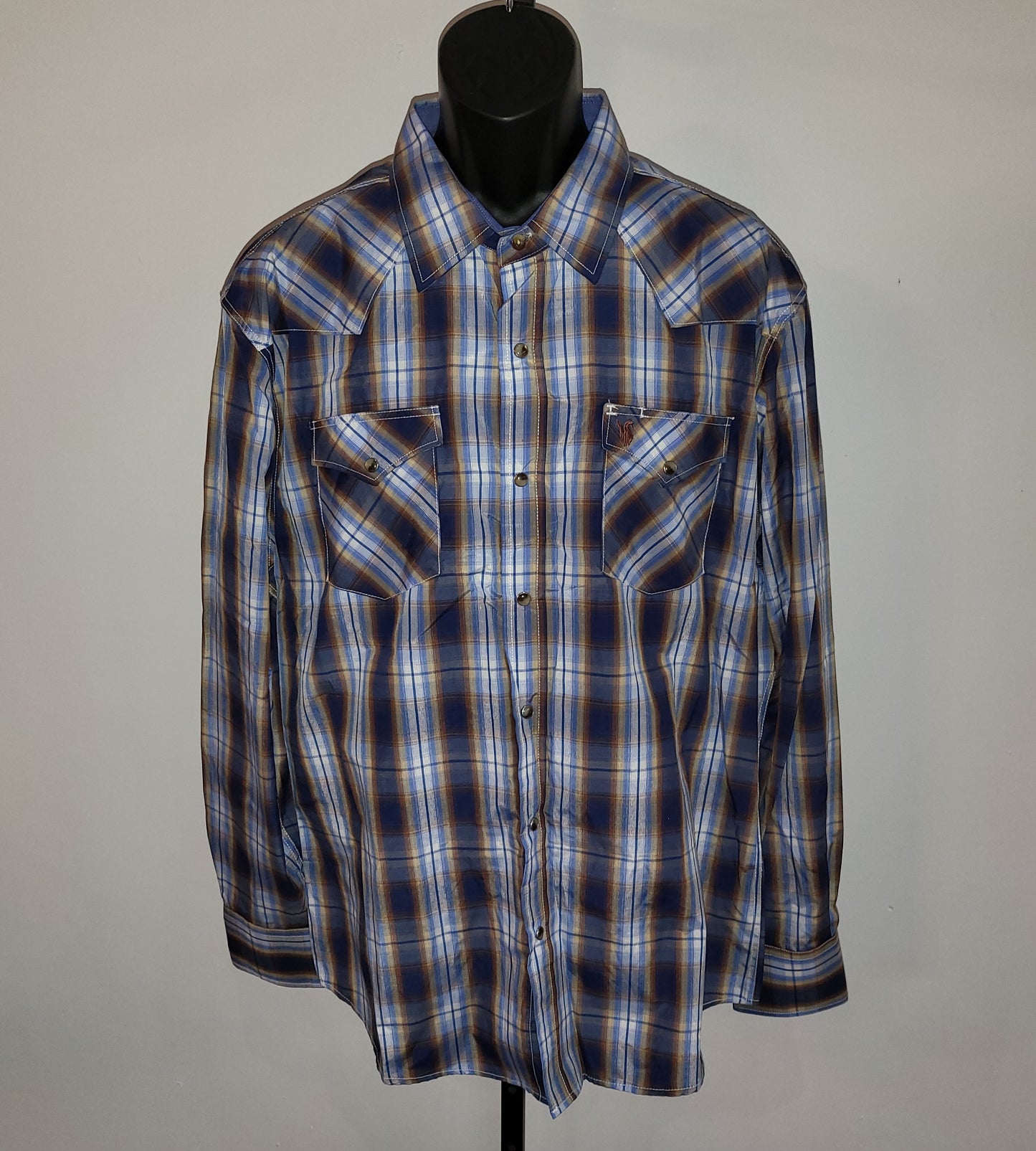 Blue & Brown Plaid Long Sleeve Button Up - Style 482