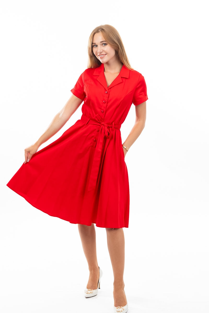 Short Sleeve Shirtdress - Solid Red