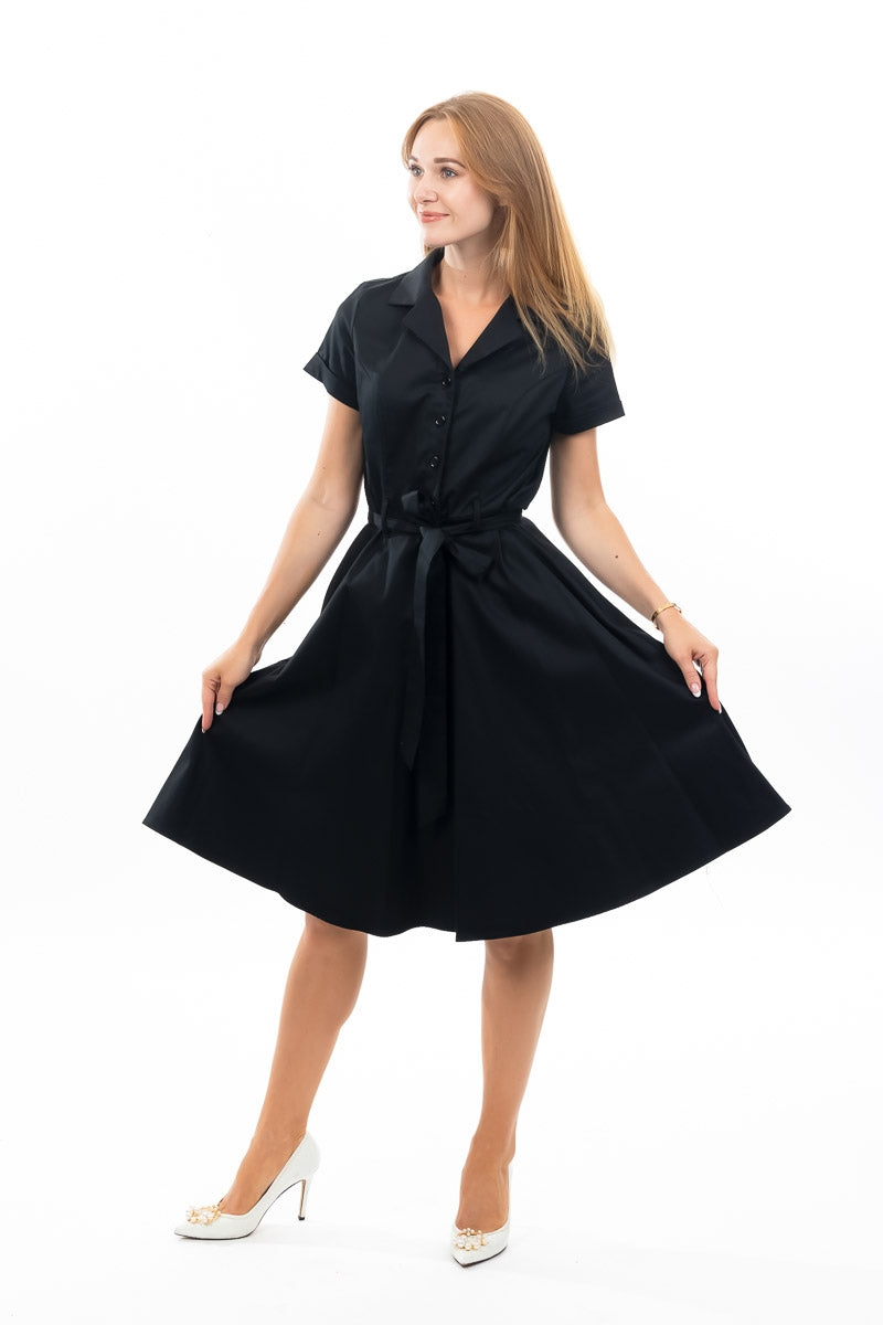 Short Sleeve Shirtdress - Solid Black Pin Up Style and Boutique Short Sleeve Shirtdress - Solid Black Pin Up Style and Boutique