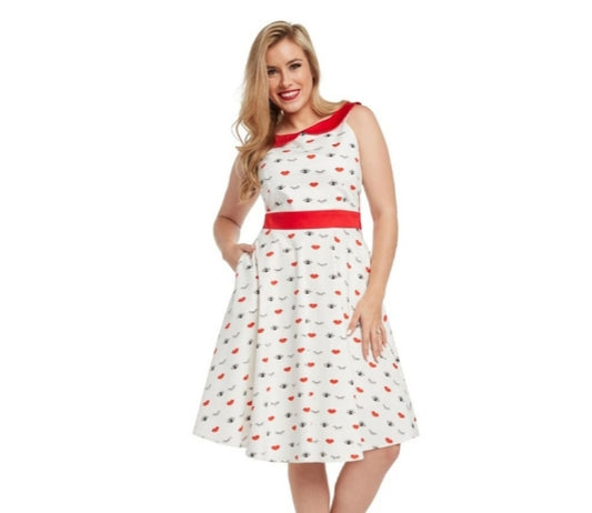 White With Eyes & Lips Swing Dress
