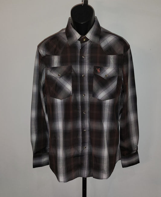 Brown & Grey Plaid Long Sleeve Button Up - Style 458