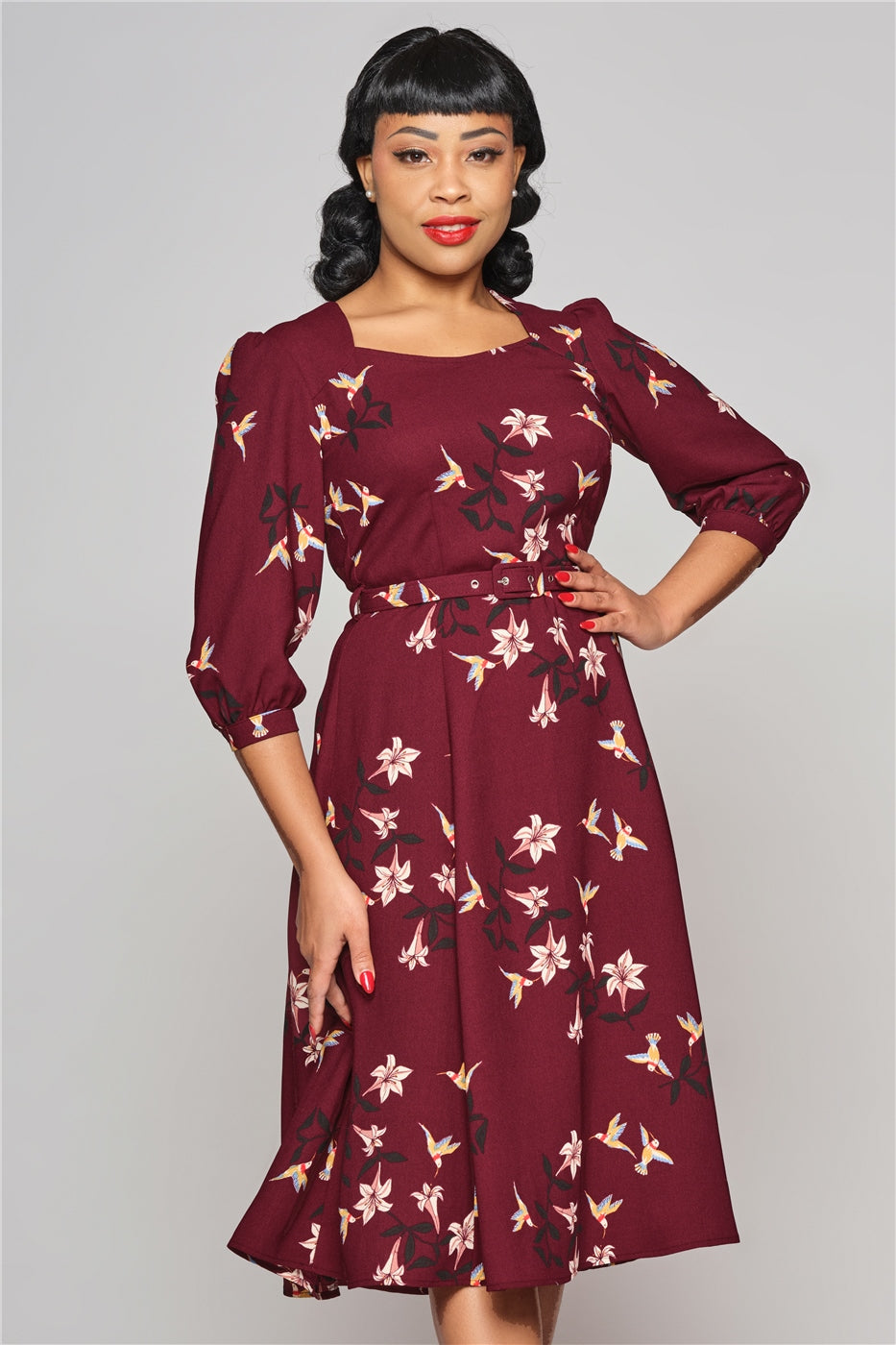 Emmalyn Lilies and Birds Fared Dress - Wine