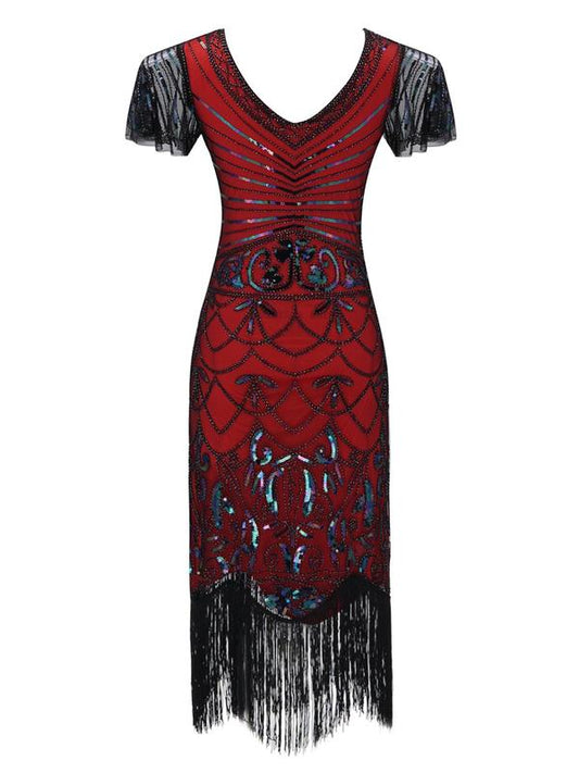 1920's Fringed Flapper Gatsby Dress - Wine Red