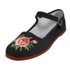 All Cotton Classic Rose Embroiled Mary Jane - Black