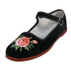 Velvet Classic Rose Embroiled Mary Jane - Black