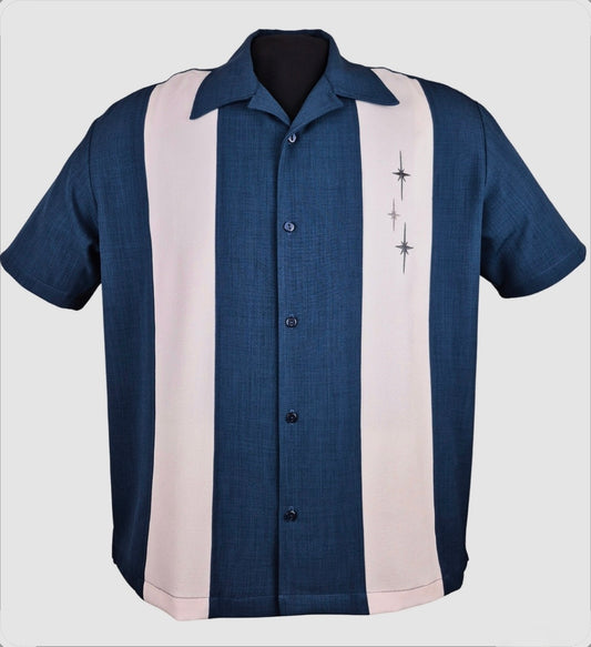 Three Star Panel Bowling Shirt - Blue