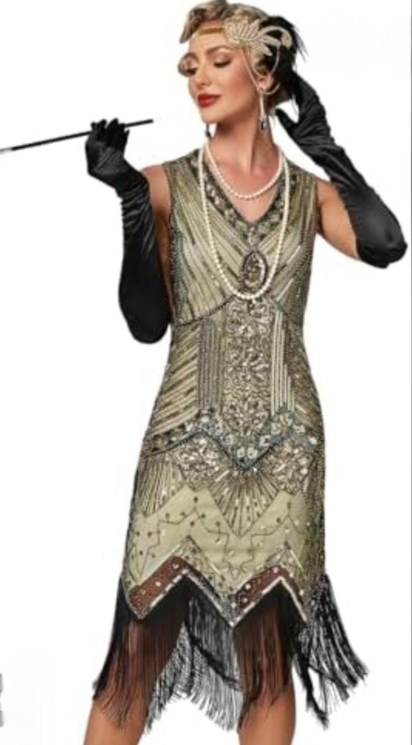 flapper dress champagne 1920's Champagne Silk Chiffon Dress - Sheer Chiffon With Sequins, Beads & Rhinestones - Scalloped Hemline - Authentic Vintage - Size Small